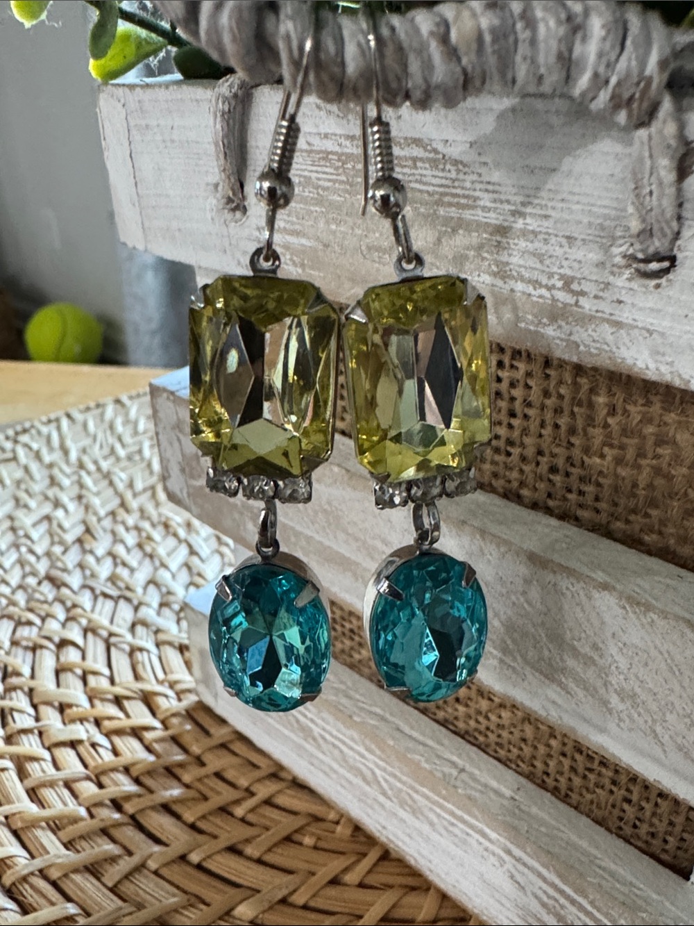 Yellow and Teal Crystal Drop Earrings -Costume jewelry